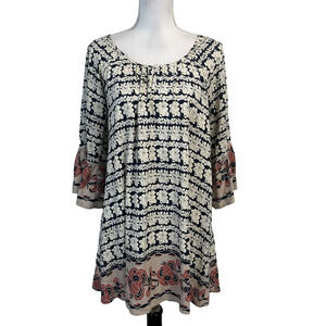 Papillon Blouse Tunic Small Black Coral Floral Boho Lagenlook Peasant Womens